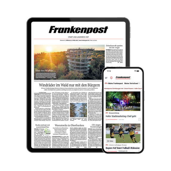 Tablet showing the Frankenpost newspaper app with a full front page and large photo headline, beside a smartphone displaying the mobile news feed.