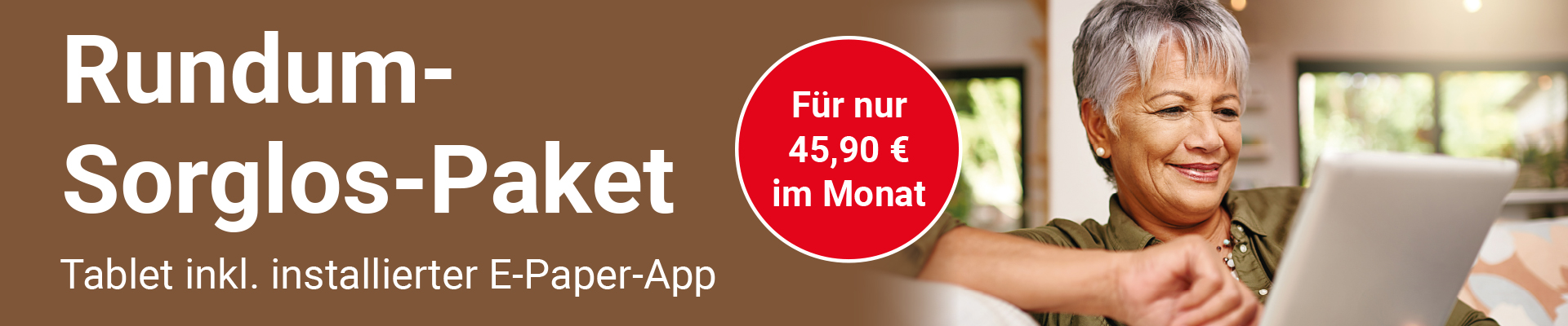 Promotional banner for an all-inclusive package; large text and a red price circle, smiling woman using a laptop in the background.