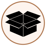 Open black cardboard box silhouette inside a beige circle with a brown border.