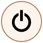 Power button icon (on/off) within a beige circular badge with a brown rim