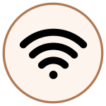 Wi‑Fi signal icon centered in a beige circle with a brown border, indicating wireless internet access