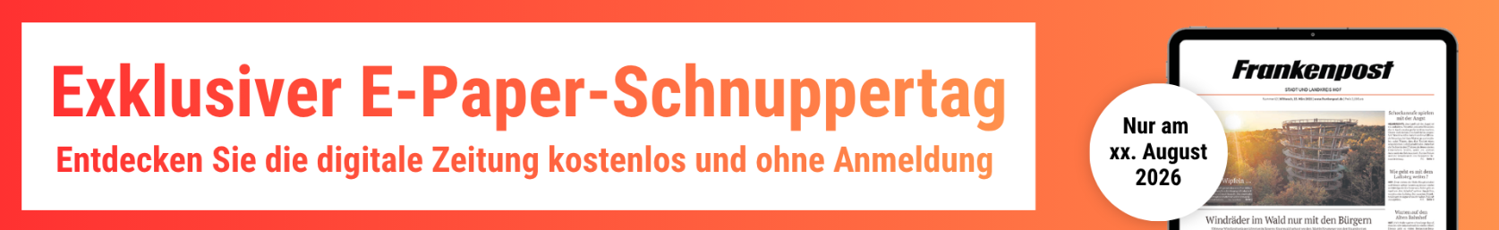 Promo banner for Exklusiver E-Paper-Schnuppertag with orange gradient background and white text: 'Entdecken Sie die digitale Zeitung kostenlos und ohne Anmeldung'