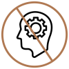 Head silhouette with a gear inside, crossed by a diagonal prohibition circle (no thinking / no mental work)
